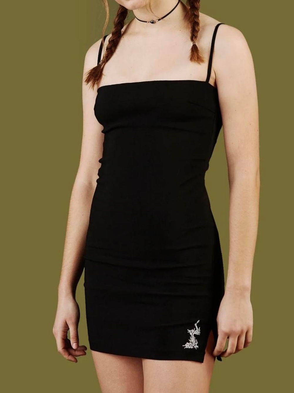 UNIF Black Mini Slip Dress XL Dragon Embroidered Adjustable Straps Goth